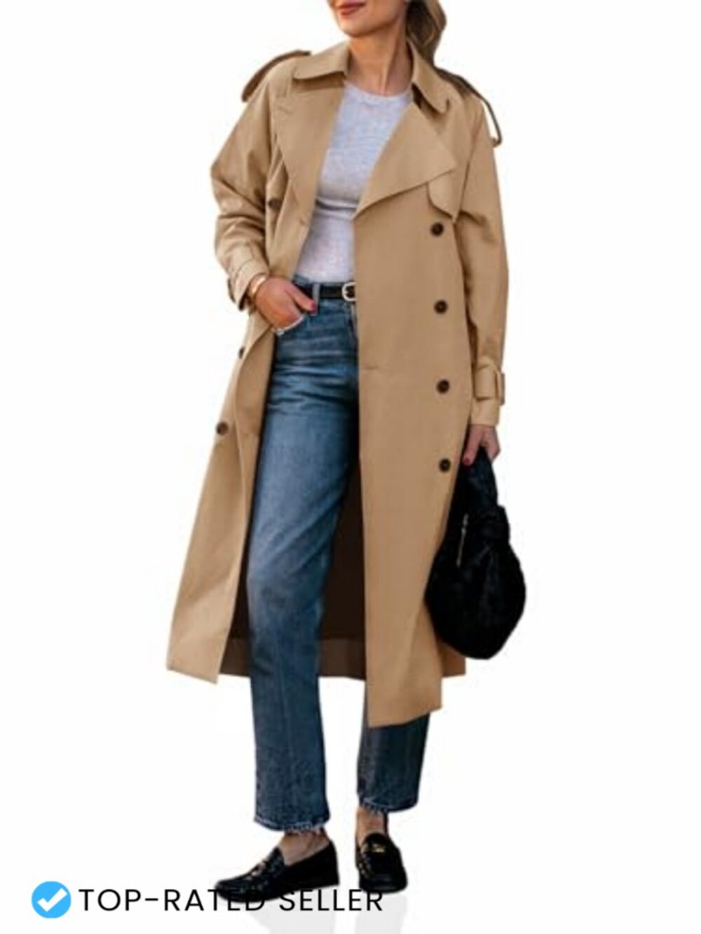 Long Trench Coat Double Breasted Classic Lapel Overcoat with Belt